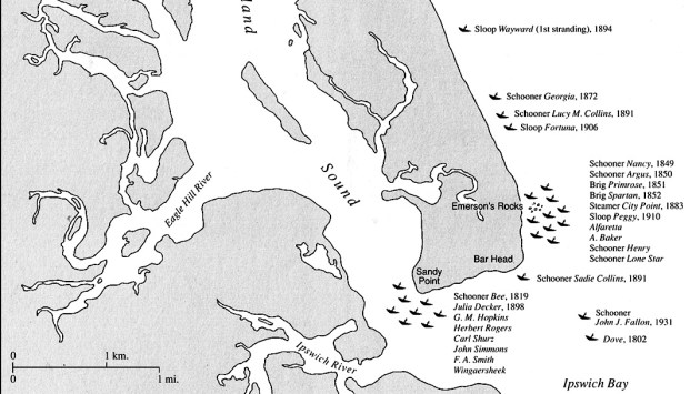 Map of shipwrecks at Plum Island and Crane Beach in Ipswich