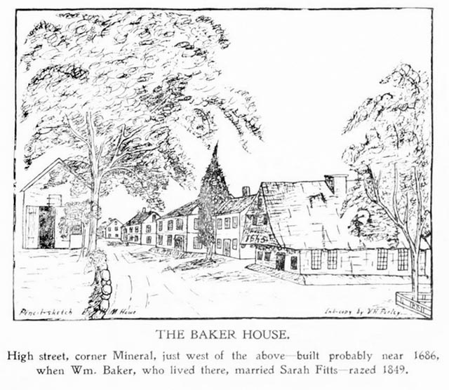 The old straw-roofed Baker house that once stood on High Street