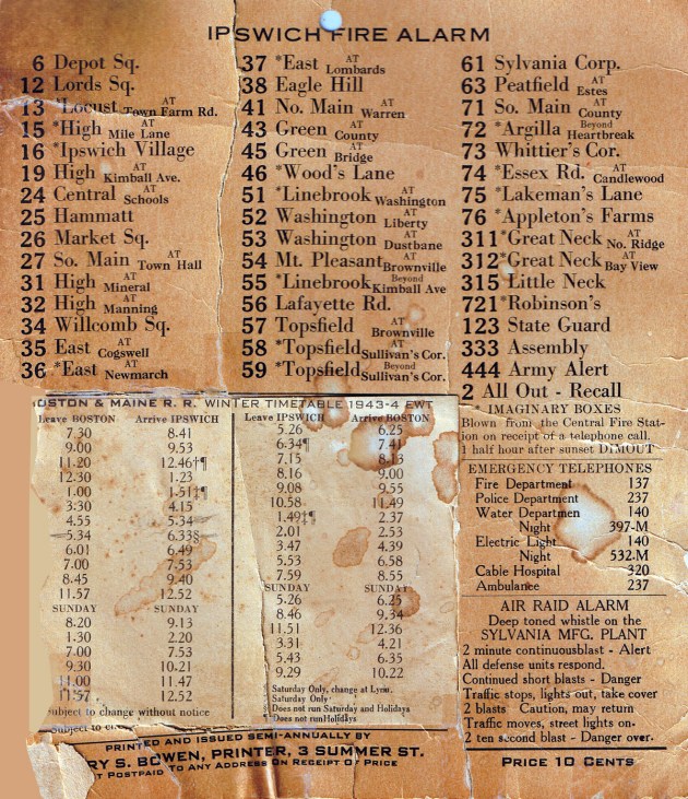 Ipswich MA Fire Alarm box numbers early 20th Century
