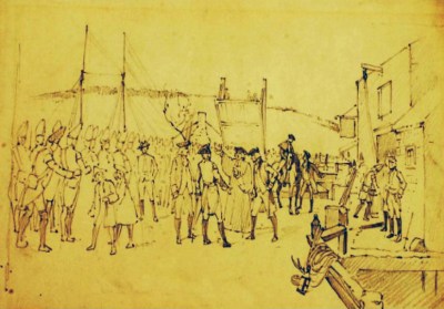 An early sketch of the encounter. Sketch of the Old North Bridge being raised to prevent the British troops from entering Salem