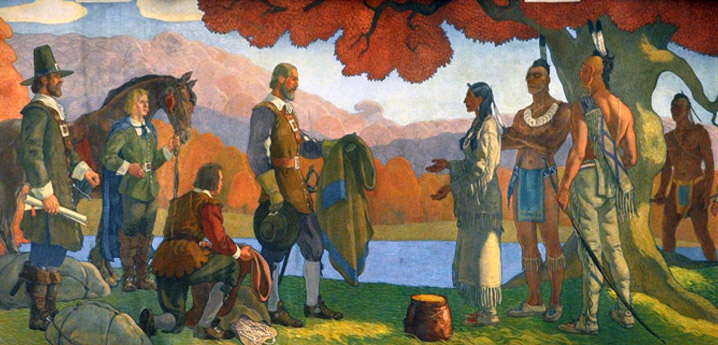 This mural at the Winchester Public Library depicts the sale of the land on which Winchester stands to the colonists by the Squaw Sachem. It was painted by Aiden Lasalle Ripley (1896–1969) in 1934.