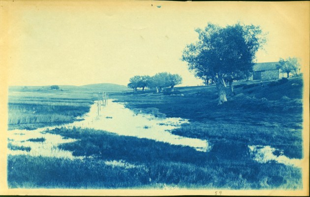 Wetland and barn cyanotype by Arthur Wesley Dow