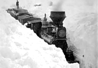 The Great White hurricane, train surrounded by snow