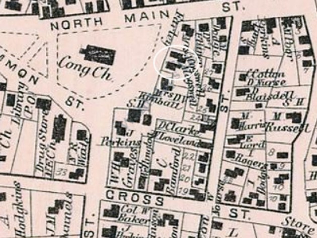 The 1872 Ipswich map shows both of the Cogswell houses side by side on Meeting House Green.
