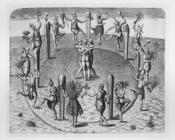 Indians dancing around a circle, by John White, 1590,