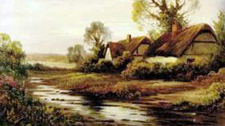 Thatched cottage by a River by Augustus Spencer