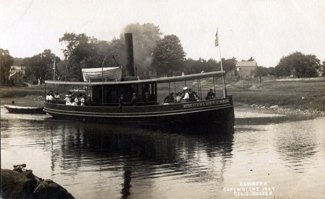 The excursion boat Carlotta was built in 1878 at Rogers Point Boar Yard at the end of Agawam Avenue, and sailed from the Town Wharf to points on the Neck and Plum Island for 35 years. From Brown’s Wharf, the steamer Carlotta, a local steamboat owned by Nathaniel Burnham and Charles W. Brown sailed daily and carried passengers on the Ipswich River and Parker River. The Carlotta also was used as a tug boat for towing vessels up and down the river. The Carlotta carried 200 passengers with Captain Burnham as captain, plus an engineer and deck hand. Her stops on the daily trip were at Little Neck for 10 cents. The Ipswich Bluffs, 15 cents, Grape Island 20 cents, and the complete round trip to the Parker River at Newbury for 40 cents.It was very pleasant, about 12 miles.