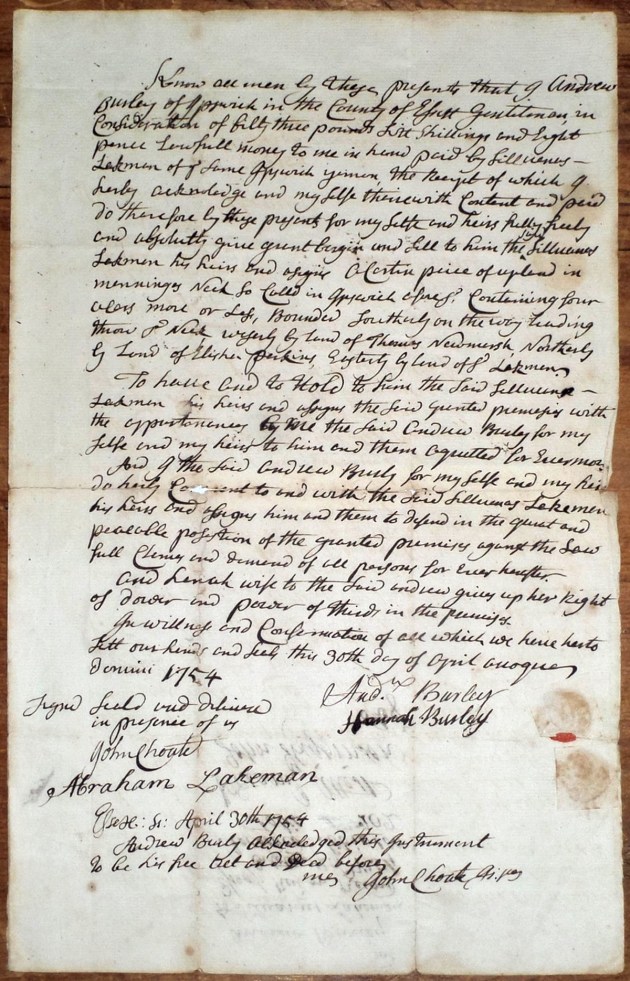 Andrew Burley deed at Mannings Neck