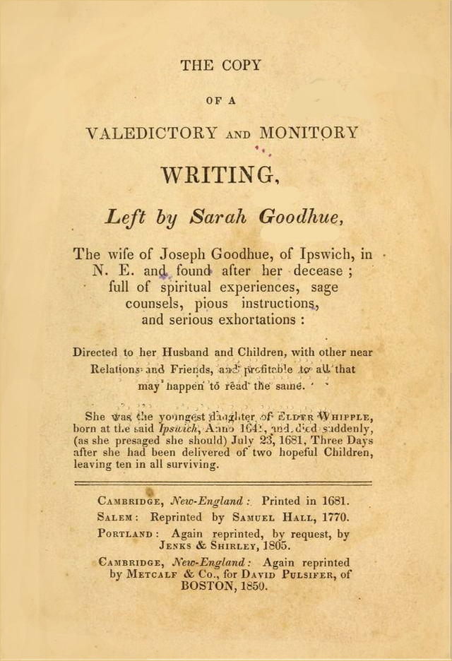 Valedictory and Monitory writing left by Sarah Godhue