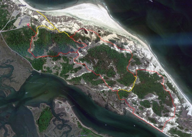 A 4.5 mile hike is outlined in red, with alternative routes in yellow. I recorded the route as a GPX file on my Garmin, which recorded 240 ft of elevation climbed, and 1.5 hrs. walking time.