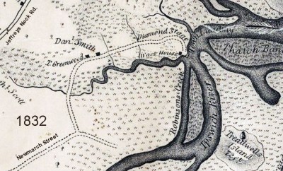 Diamond Stage and Treadwells Island in the 1832 Ipswich map