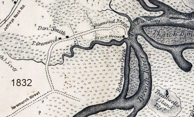 Diamond Stage and Treadwells Island in the 1832 Ipswich map
