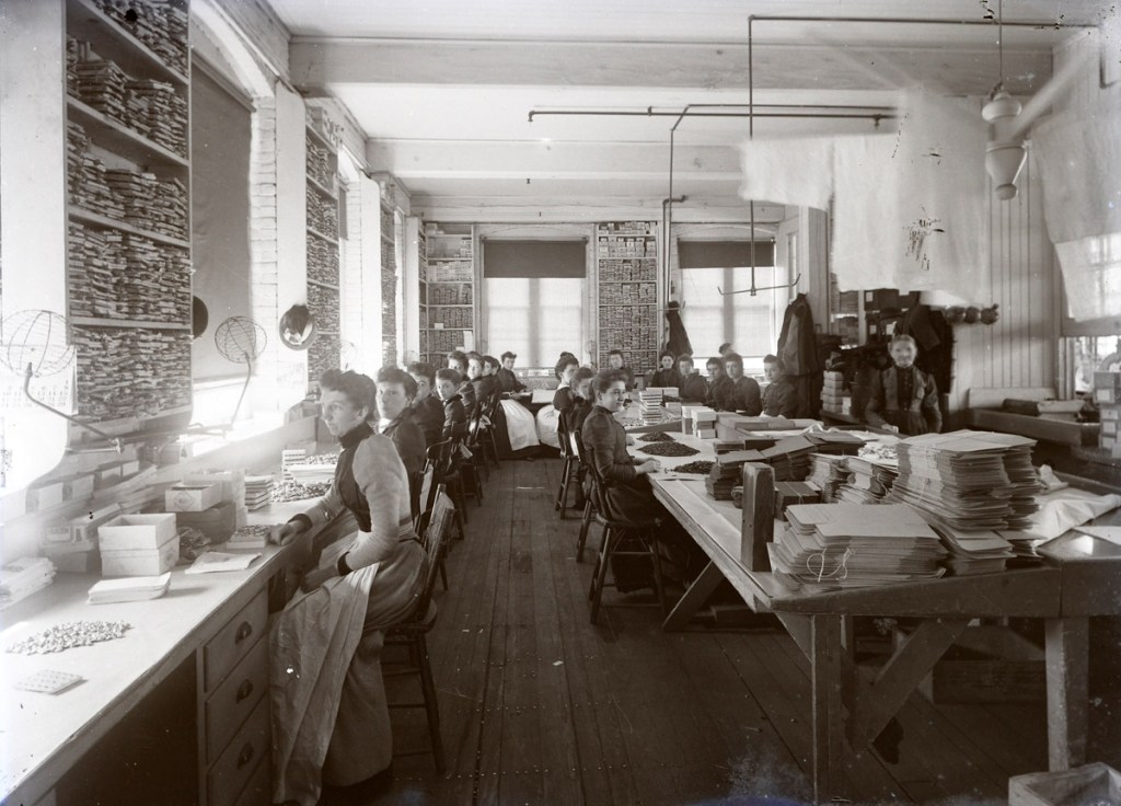 Women working in a factory, early photos from Ipswich Massachusetts