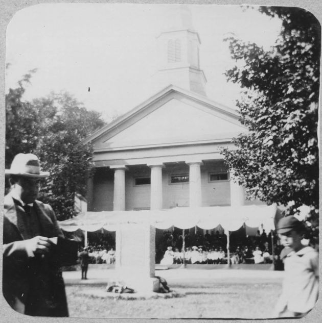 August 1896 - Ceremonies at the unveiling of the stone, South Green, Ipswich. Photo is from Randolph M. Appleton's photo album. Photo courtesy of David Thayer