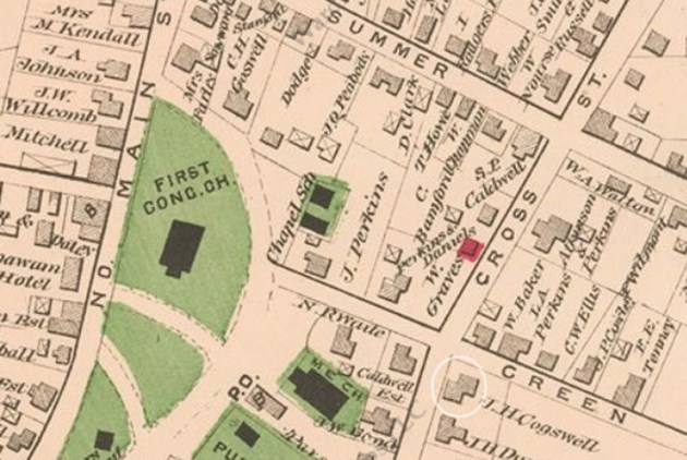 The J. H. Cogswell house is shown at its present location in the 1884 map. 