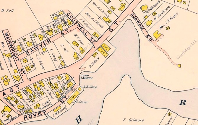 Closeup of the 1910 map shows the Safford barns at the site of the present town landing,. The cove along East Street had not yet been filled in. that the present town landing 