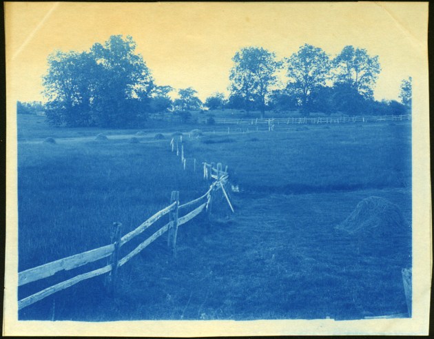 Board fence and field cyanotype by Arthur Wesley Dow