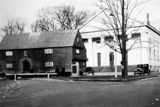 The Whipple House arriving at the South Green, parked in front of the former South Congregational Church. (photo courtesy of Linda George Grimes)