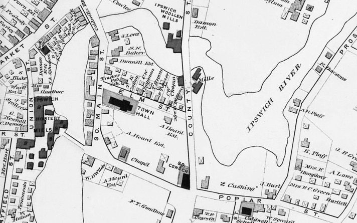 The 1884 Ipswich map shows the South Church meeting house, 