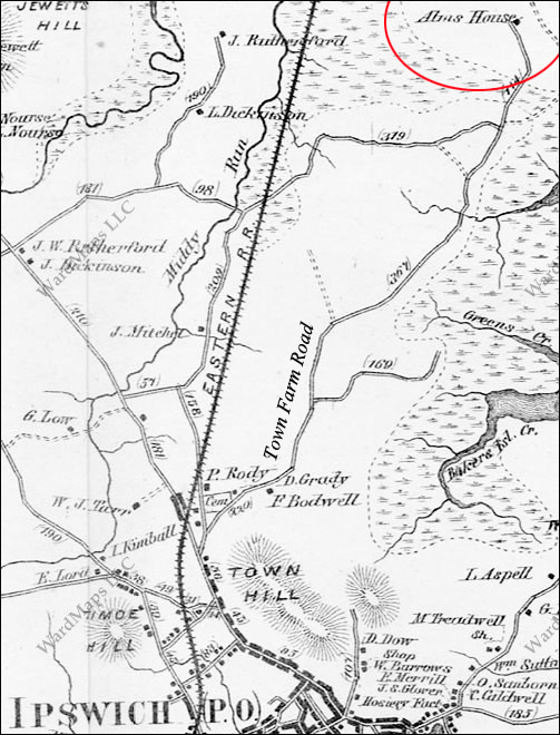 Ipswich 1872 map, Town Farm Road, with the "Alms House" at the end.