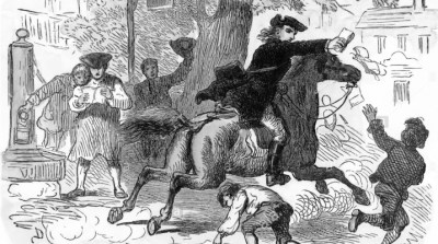 Paul Revere's ride handing out handbills