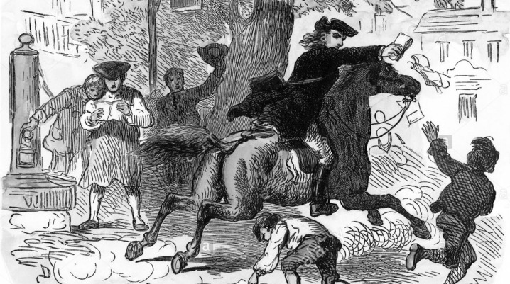 Paul Revere's ride handing out handbills