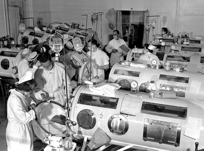 Polio ward with iron lung respirators at Haynes Memorial Hospital in Boston, 1955. Photo courtesy The March of Dimes.