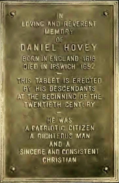Plaque on Water St,. Ipswich MA in memory of Daniel Hovey