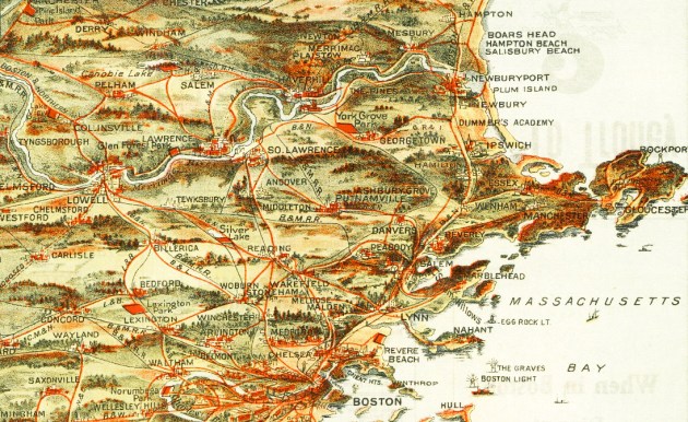 Birdseye view of trolley lines in Northeastern Massachusetts 