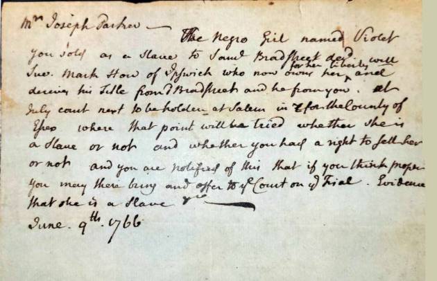 Case of liberating Violet, the Negro slave of Joseph Parker in 1766
