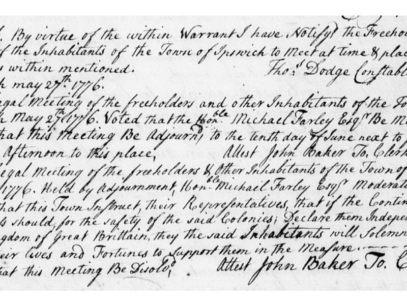 June 10, 1776: Ipswich Pledges to Support&nbsp;Independence