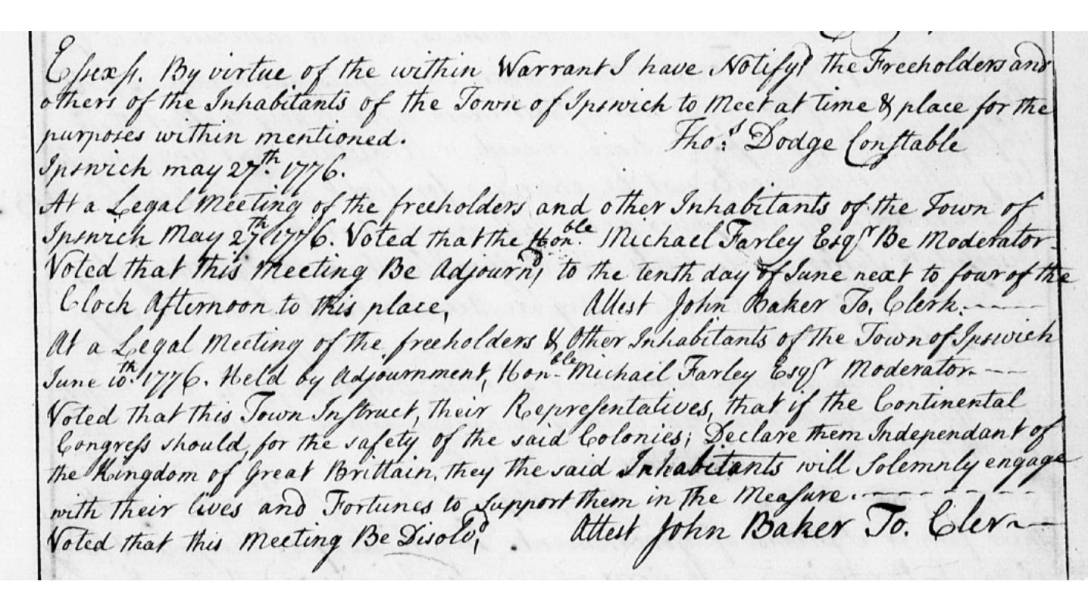 Ipswich MA resolution June 10, 1776 to support independence from Britain