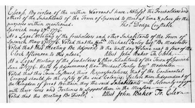 Ipswich MA resolution June 10, 1776 to support independence from Britain